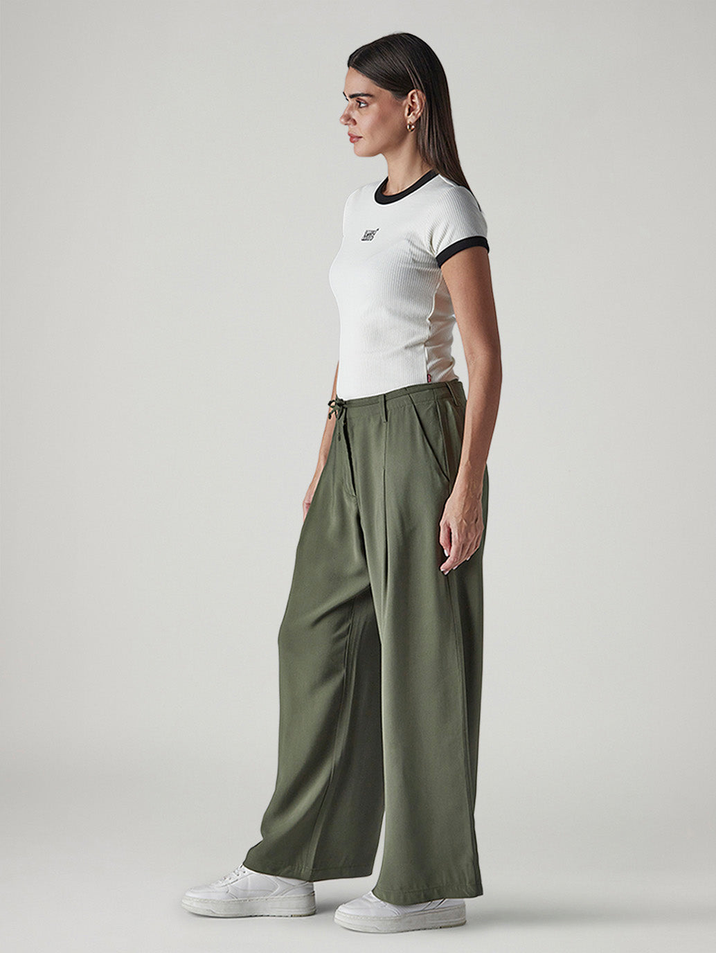 Women's Olive XL Straight Loose Fit Mid Rise Trousers - Side View