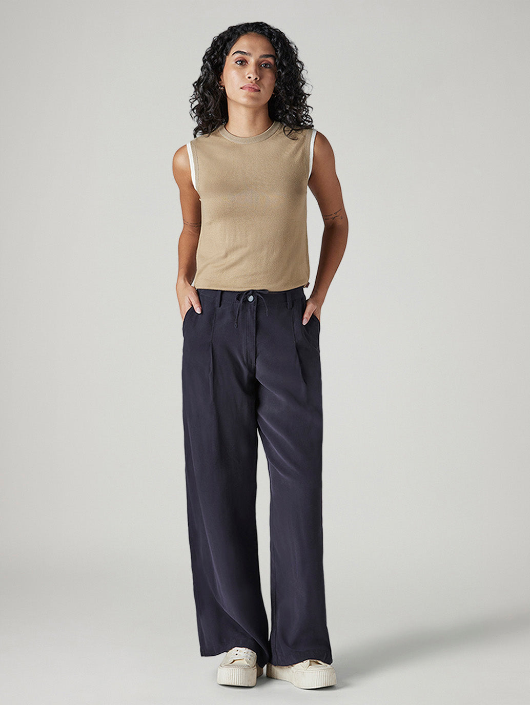 Women's Navy XL Straight Loose Fit Mid Rise Trousers