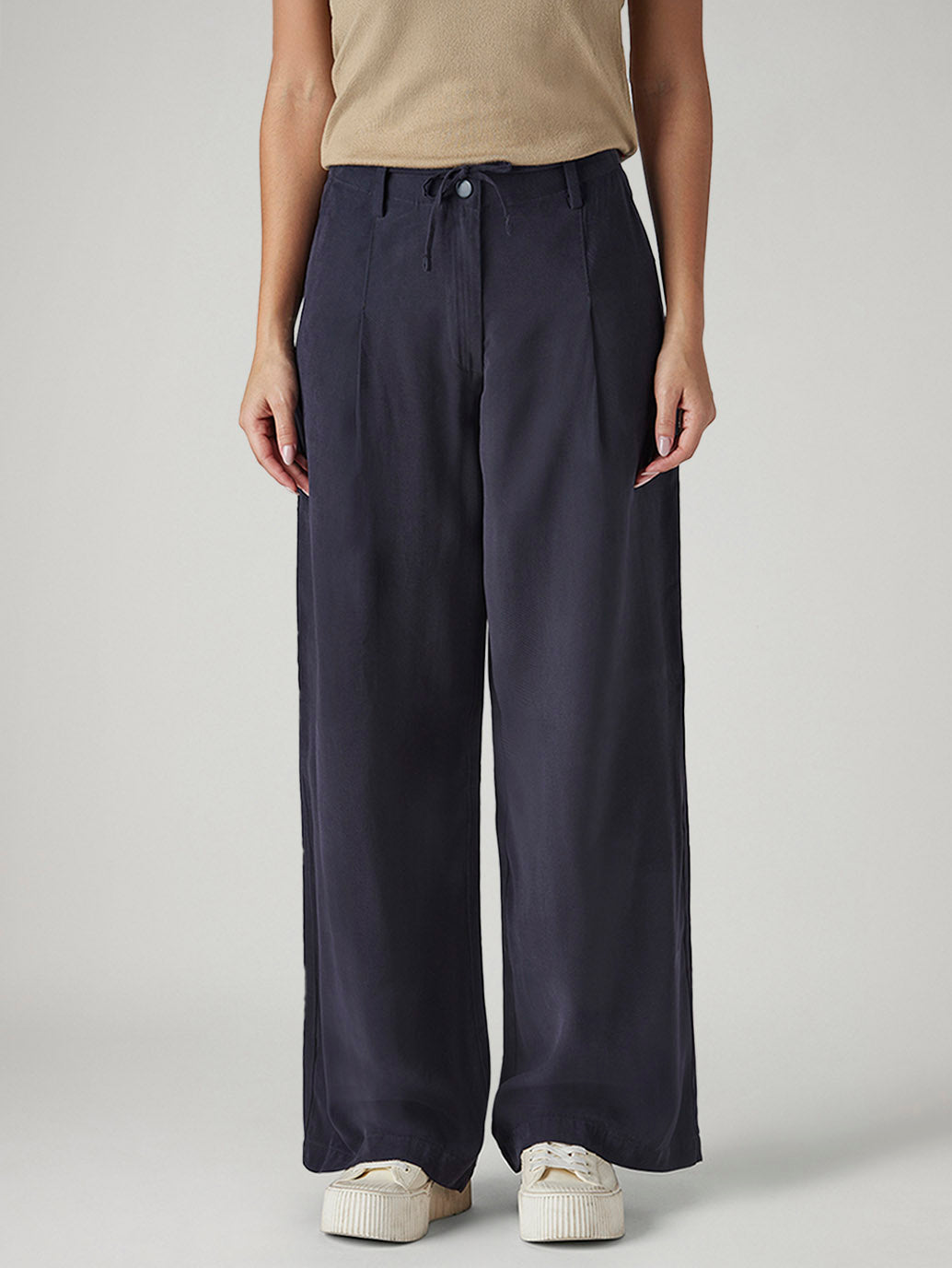 Women's Navy XL Straight Loose Fit Mid Rise Trousers - 20 View