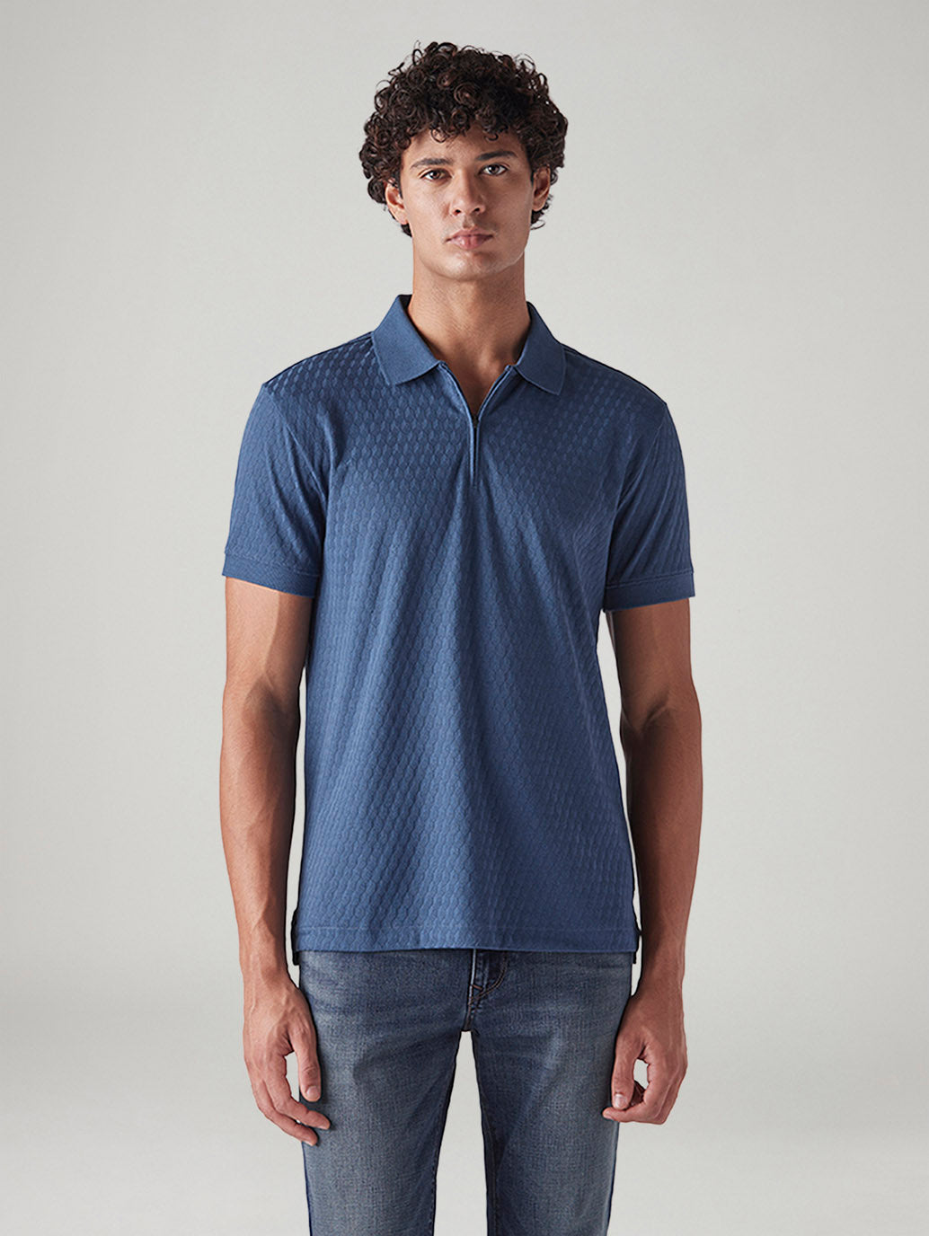 Men's Self Design Slim Fit Jacquard Polo T-Shirt - Front View