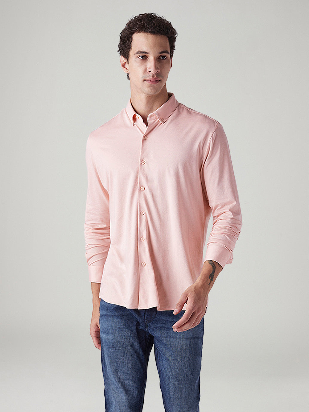 Men's Solid Light Pink Slim Fit Textured Shirt - Front View