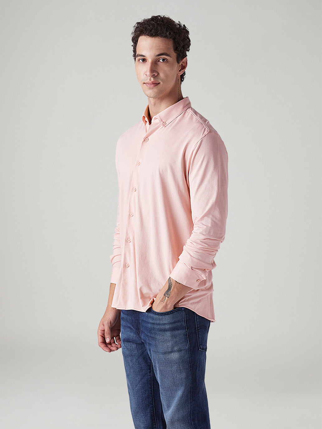 Men's Solid Light Pink Slim Fit Textured Shirt - Side View