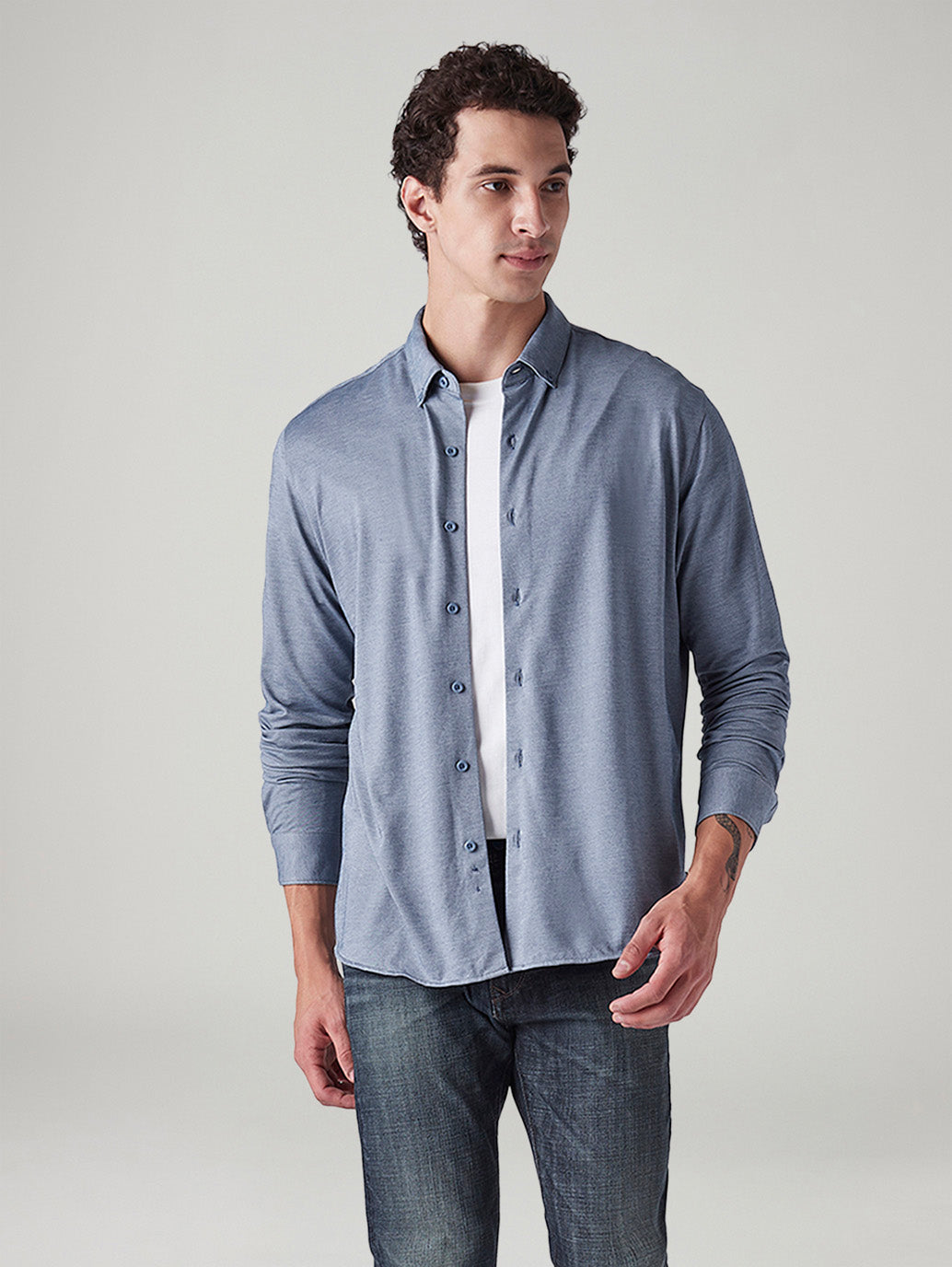 Men's Solid Blue Slim Fit Textured Shirt - Styleshot View