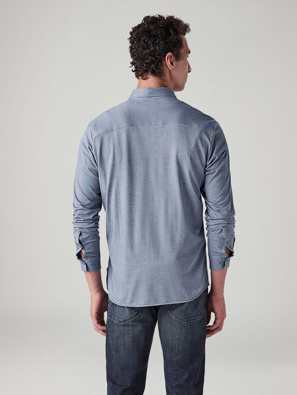 Men's Solid Blue Slim Fit Textured Shirt - Back View