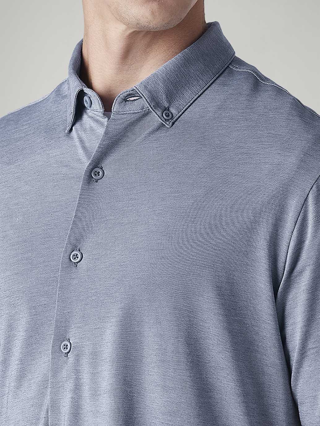 Men's Solid Blue Slim Fit Textured Shirt - Detail View