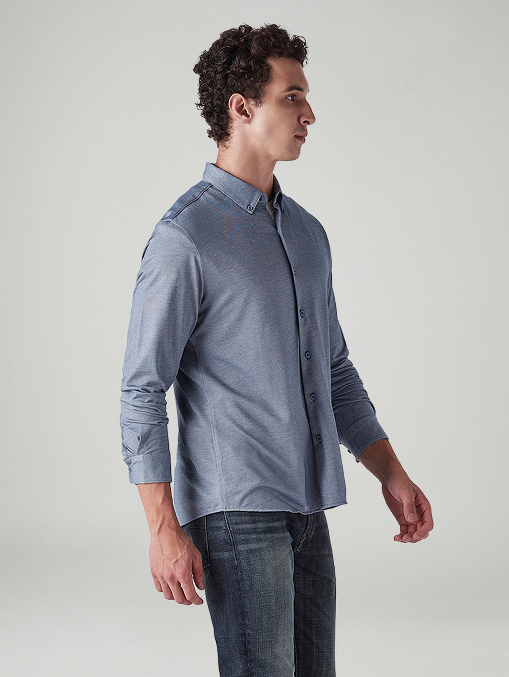 Men's Solid Blue Slim Fit Textured Shirt - Side View