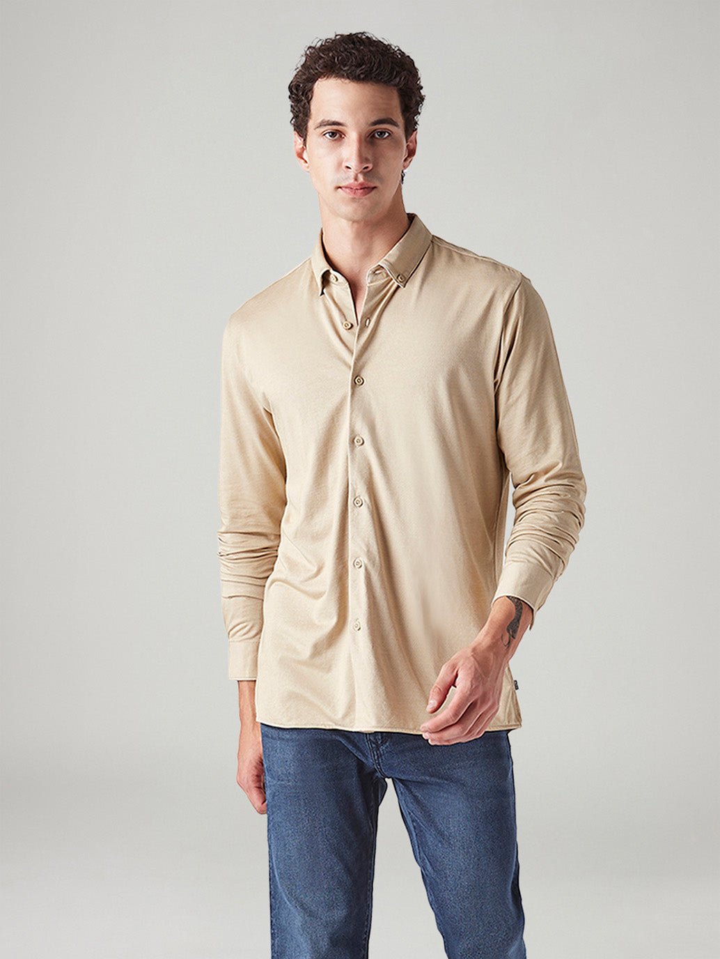 Men's Solid Beige Slim Fit Textured Shirt - Styleshot View