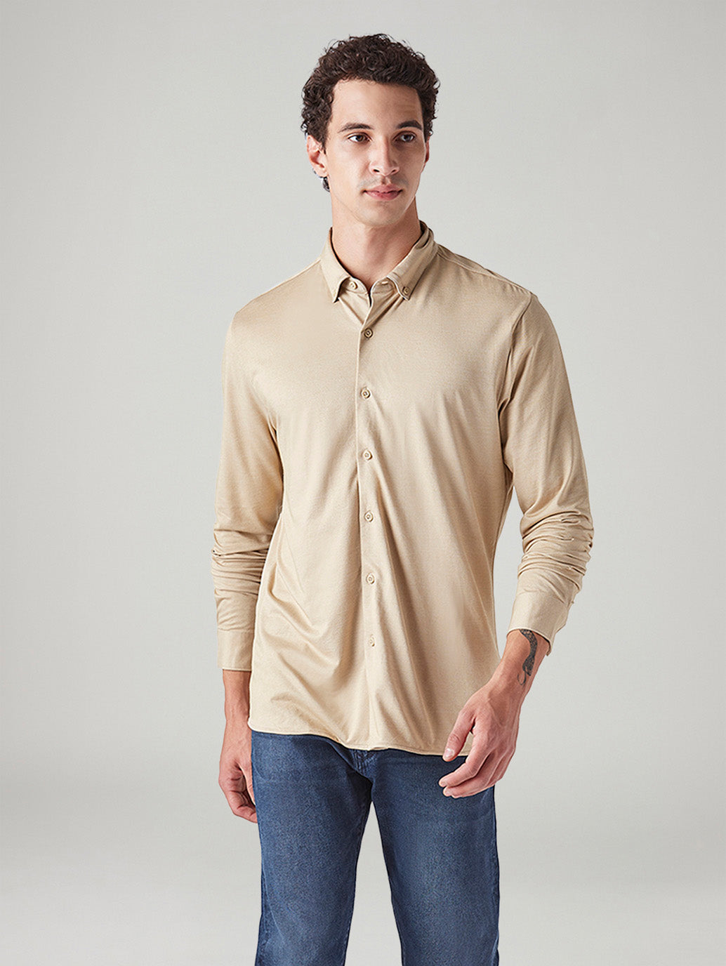 Men's Solid Beige Slim Fit Textured Shirt
