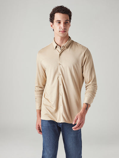 Men's Solid Beige Slim Fit Textured Shirt-image-44