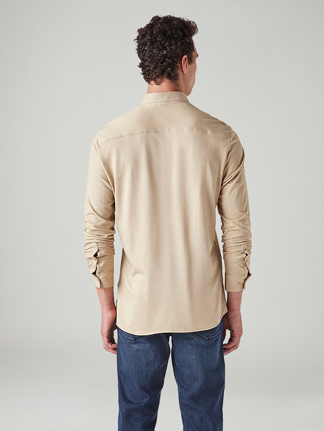 Men's Solid Beige Slim Fit Textured Shirt - Back View