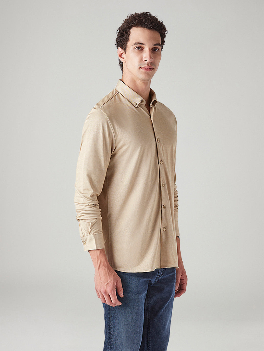 Men's Solid Beige Slim Fit Textured Shirt - Side View
