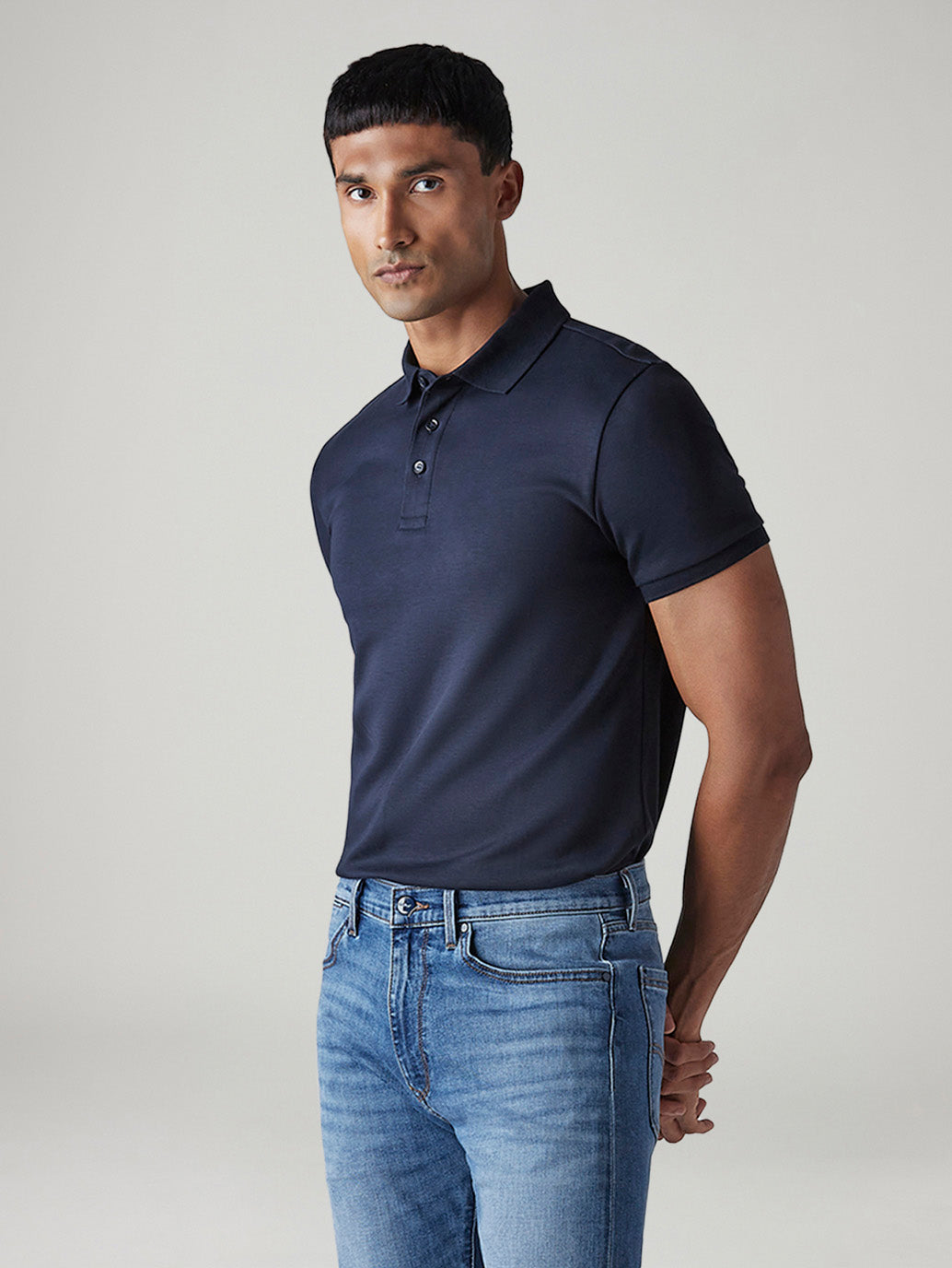 Men's Redloop Solid Navy Slim Fit Interlock Polo T-shirt - Styleshot View