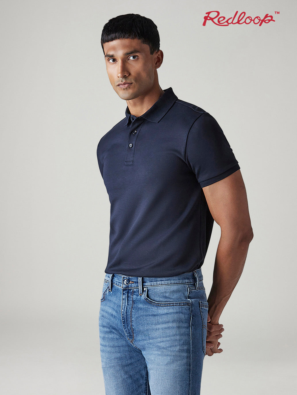 Men's Redloop Solid Navy Slim Fit Interlock Polo T-shirt