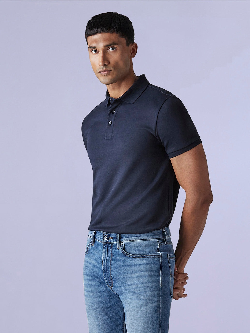 Men's Redloop Solid Navy Slim Fit Interlock Polo T-shirt