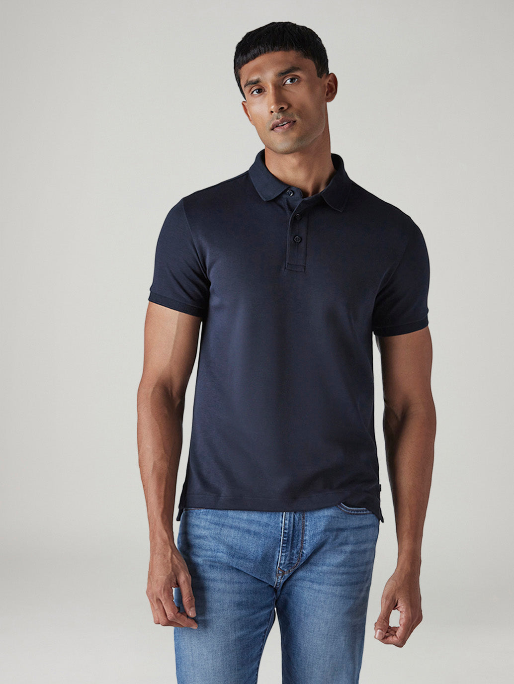 Men's Redloop Solid Navy Slim Fit Interlock Polo T-shirt - Front View