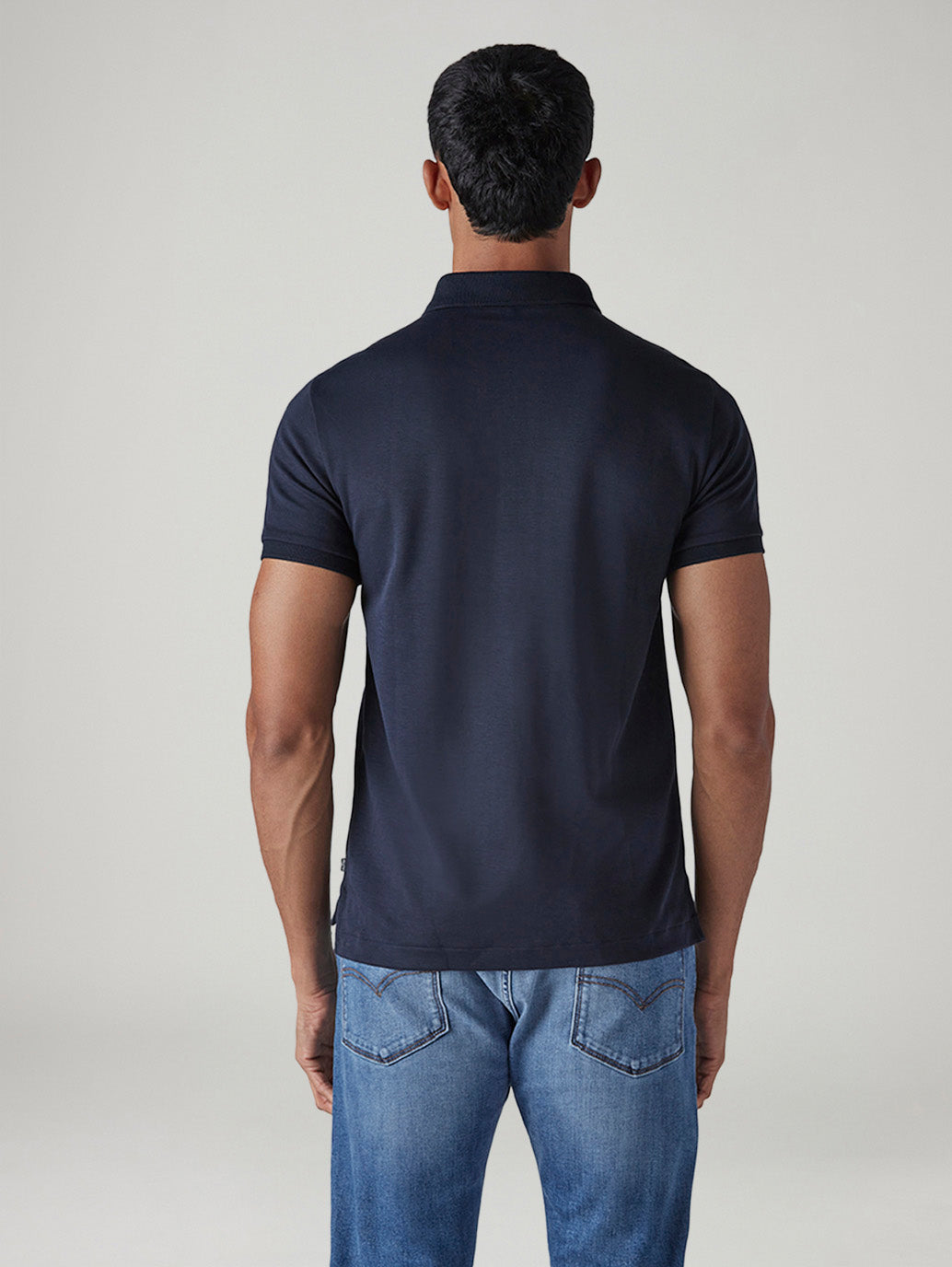 Men's Redloop Solid Navy Slim Fit Interlock Polo T-shirt - Back View