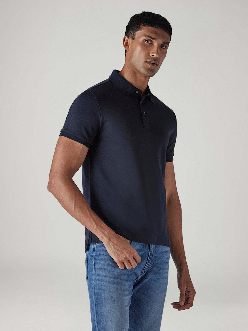 Men's Redloop Solid Navy Slim Fit Interlock Polo T-shirt - Side View