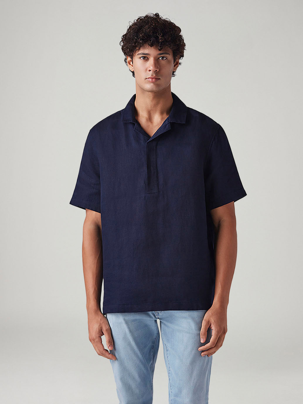 Men's Solid Relaxed Fit Linen Shirt - Front View