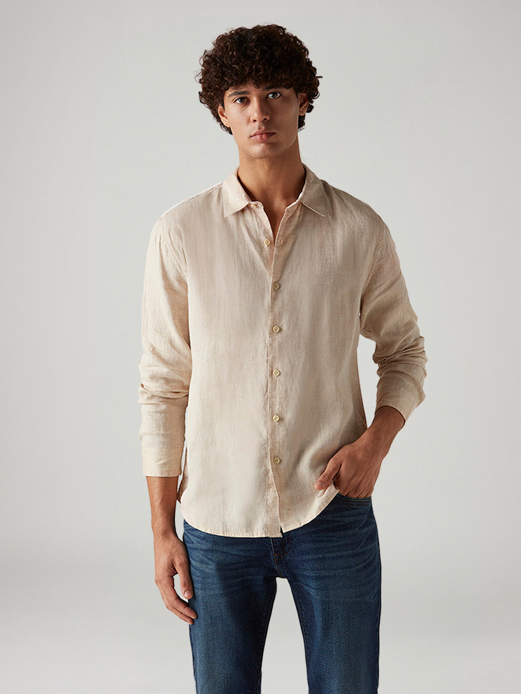 Men's Textured Beige Slim Fit Linen Shirt - Styleshot View