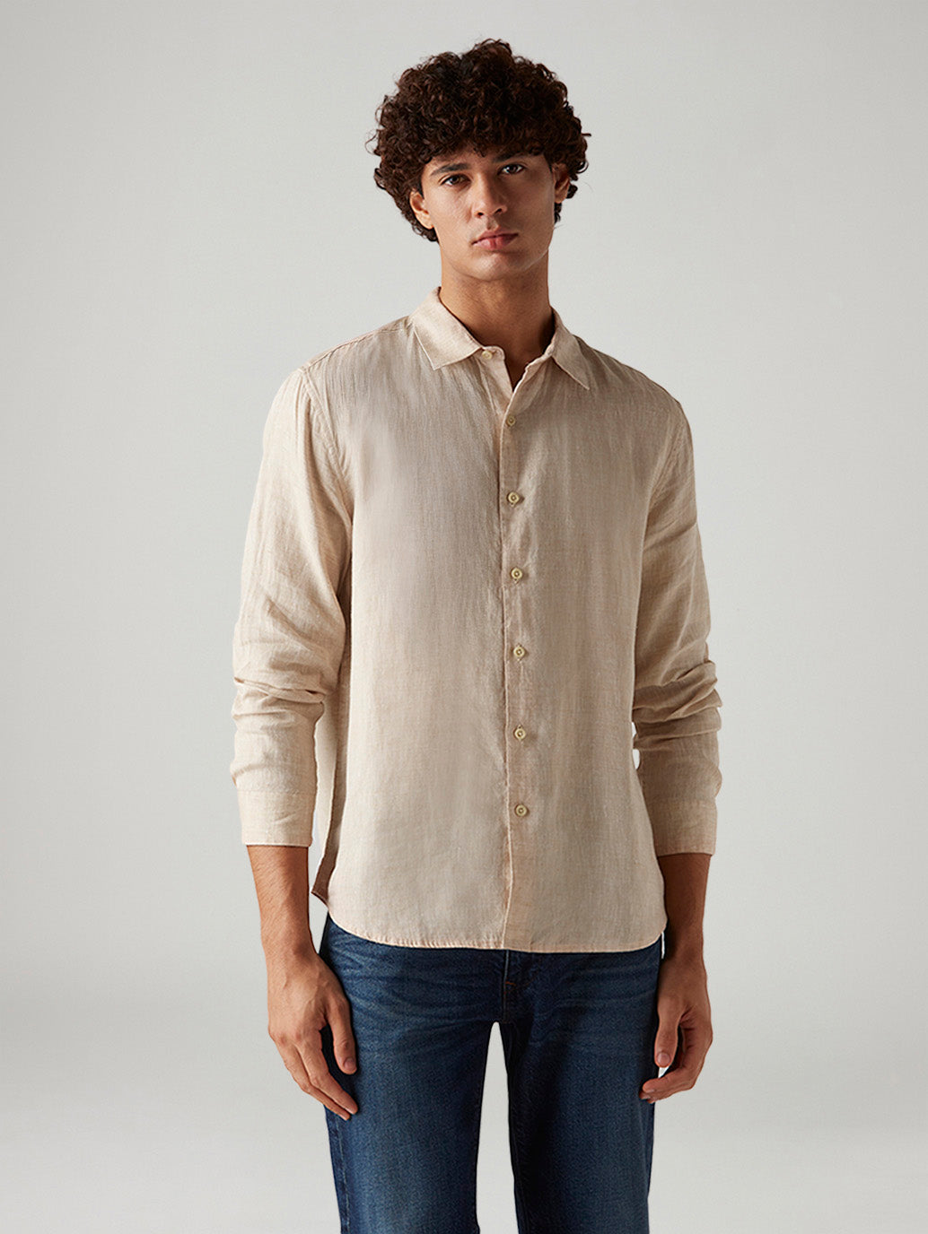 Men's Textured Beige Slim Fit Linen Shirt - Front View