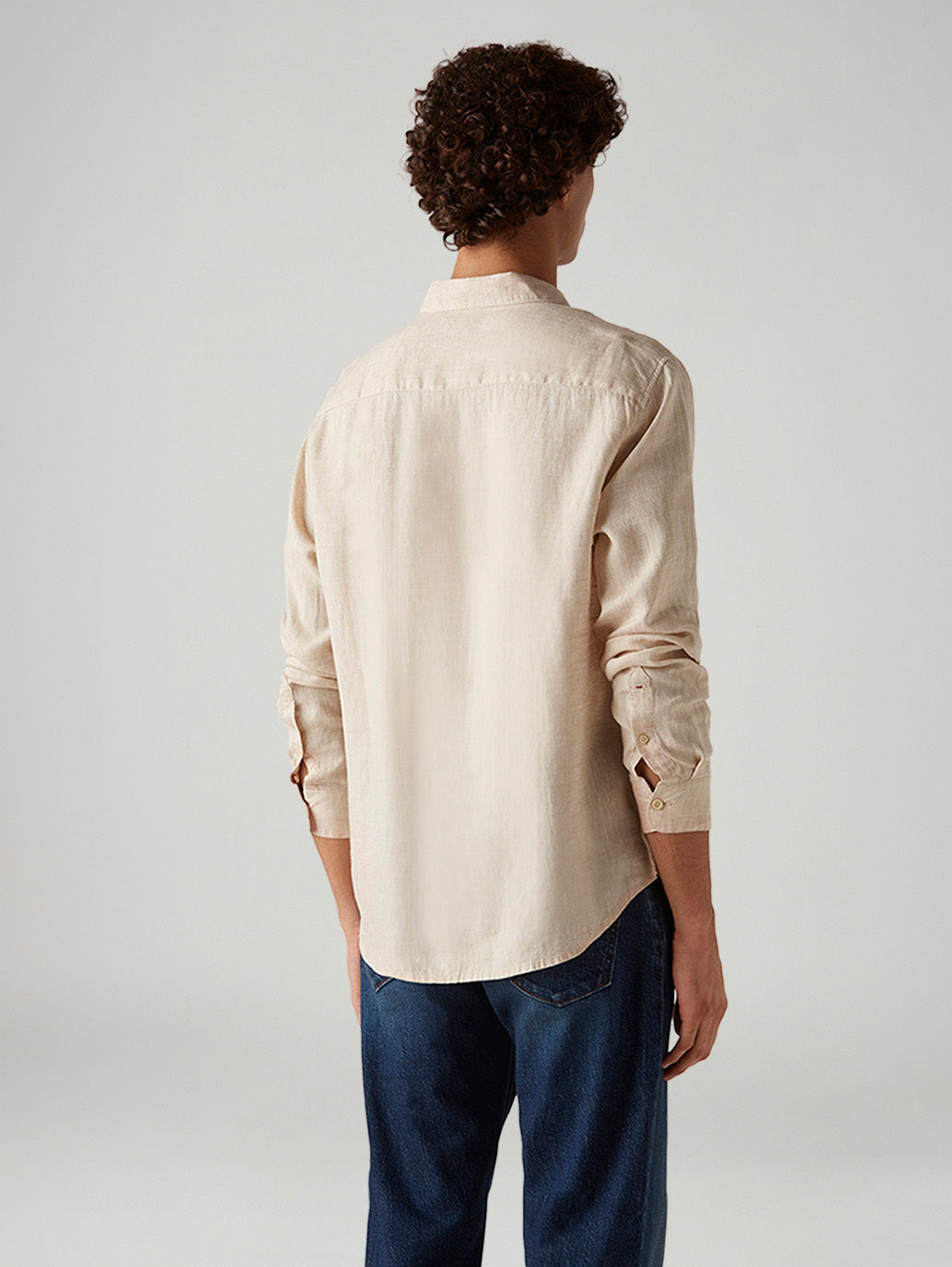 Men's Textured Beige Slim Fit Linen Shirt - Back View