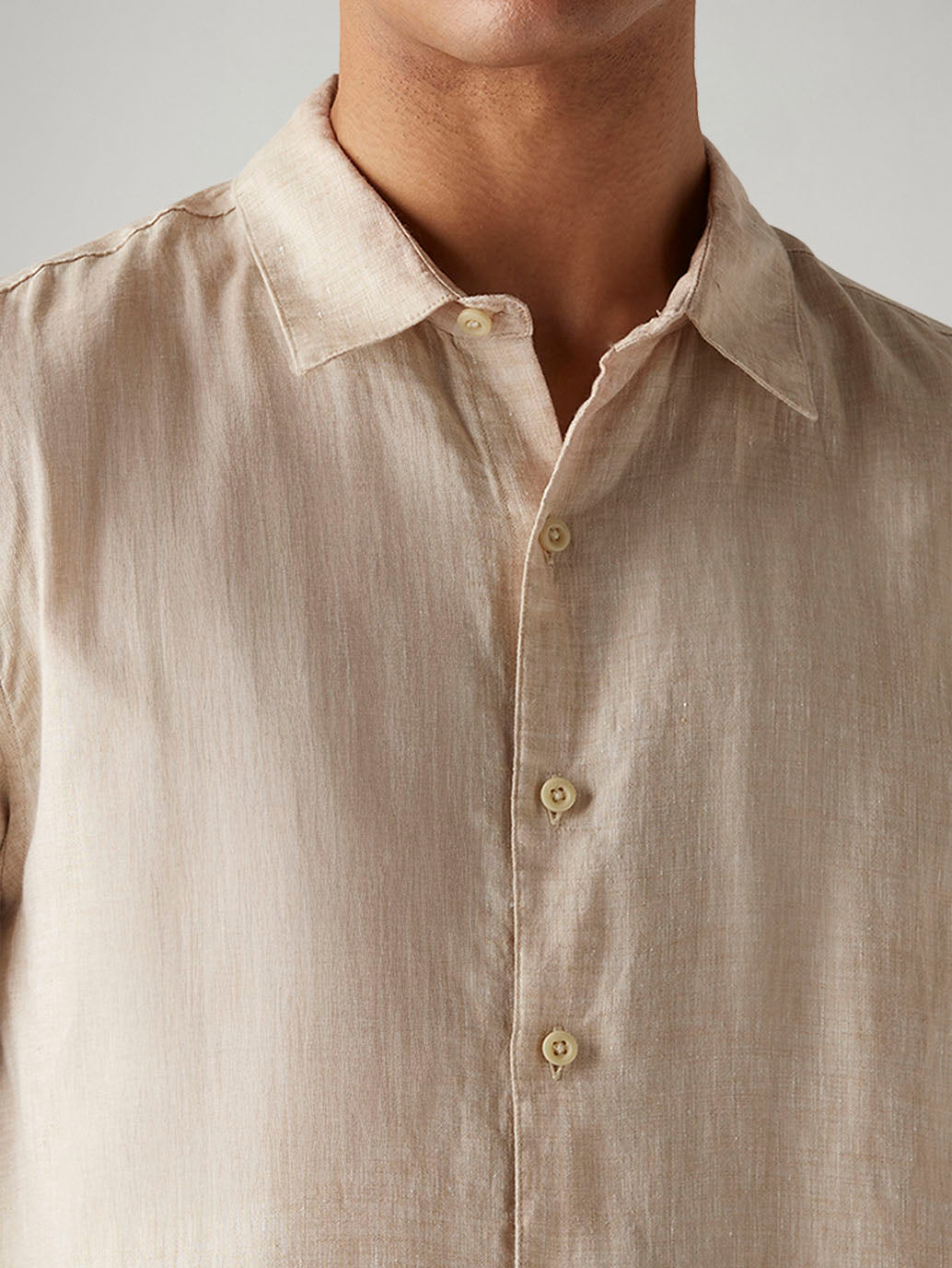 Men's Textured Beige Slim Fit Linen Shirt - Detail View