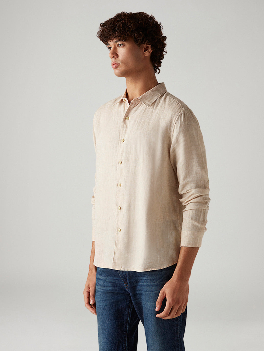 Men's Textured Beige Slim Fit Linen Shirt - Side View