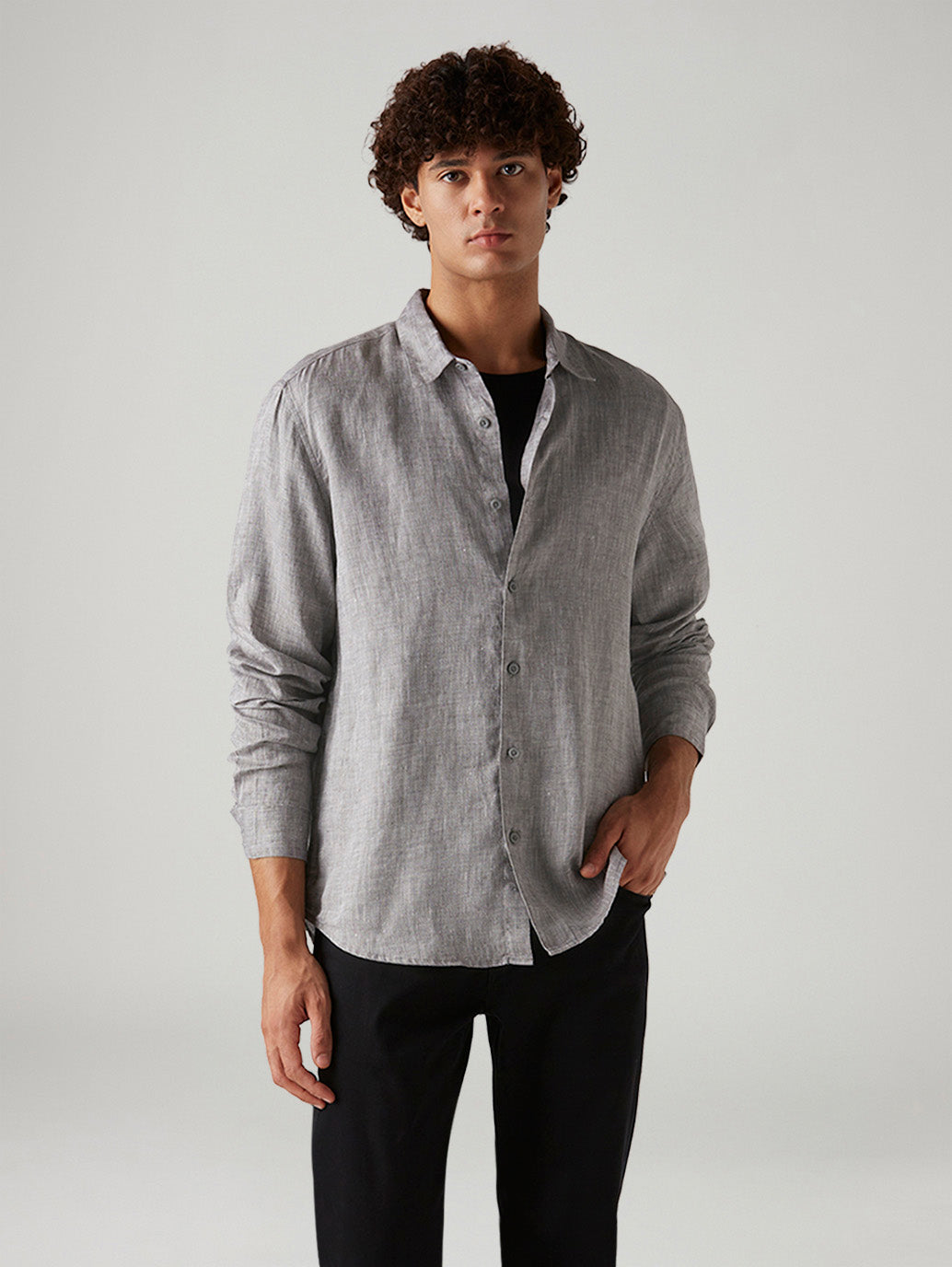 Men's Textured Grey Slim Fit Linen Shirt - Styleshot View