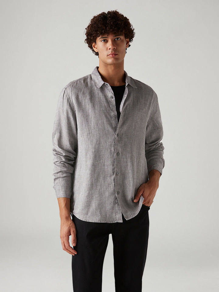 Men's Textured Grey Slim Fit Linen Shirt