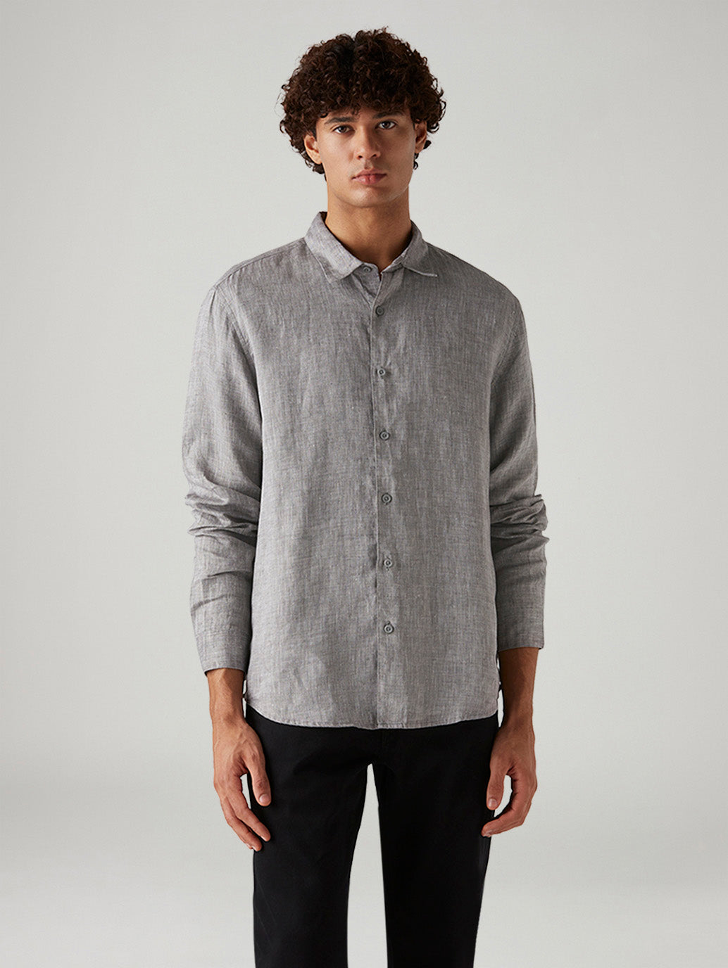 Men's Textured Grey Slim Fit Linen Shirt - Front View