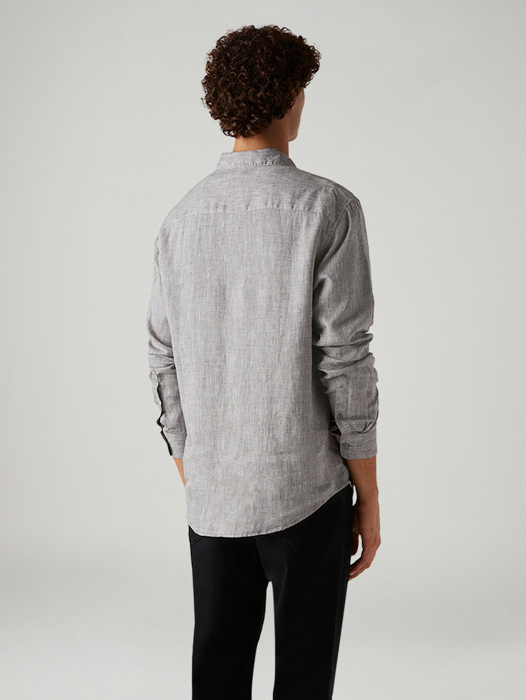 Men's Textured Grey Slim Fit Linen Shirt - Back View