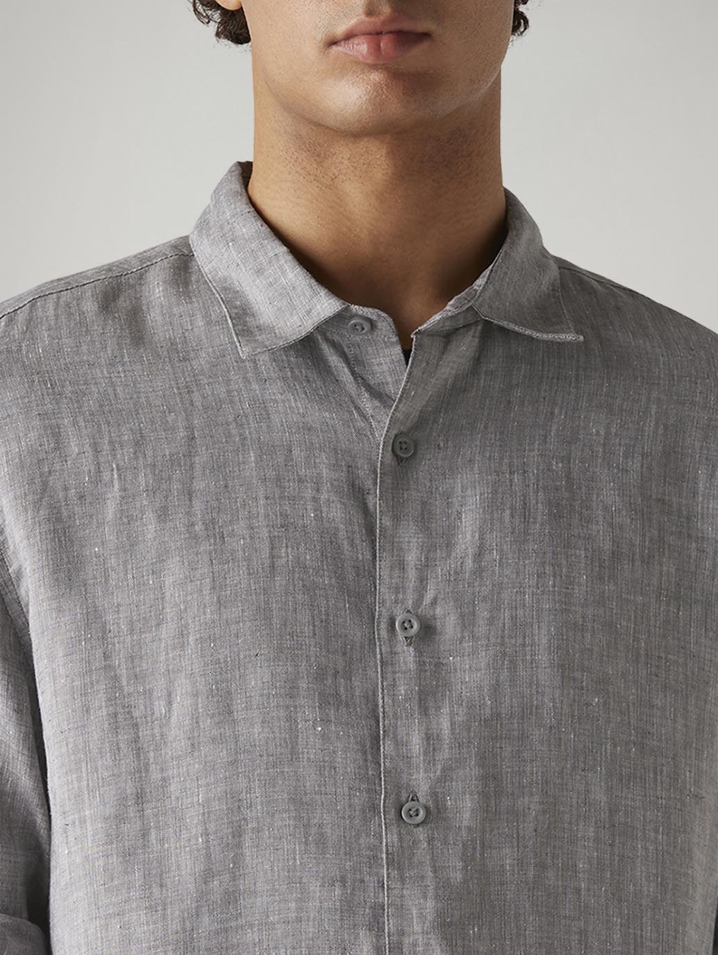 Men's Textured Grey Slim Fit Linen Shirt - Detail View