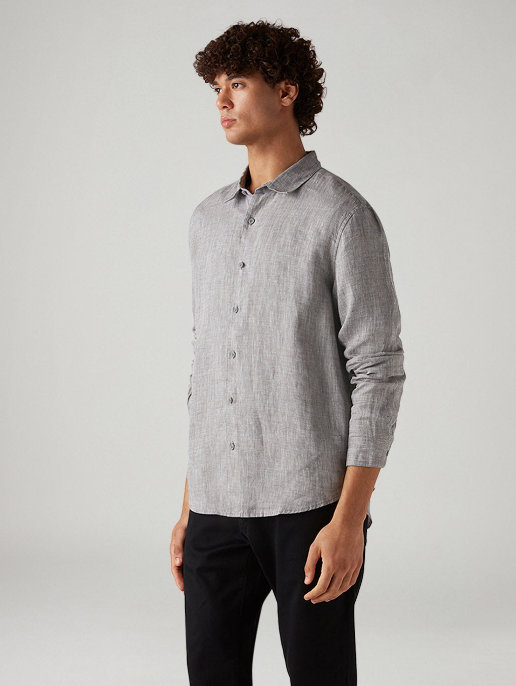 Men's Textured Grey Slim Fit Linen Shirt - Side View