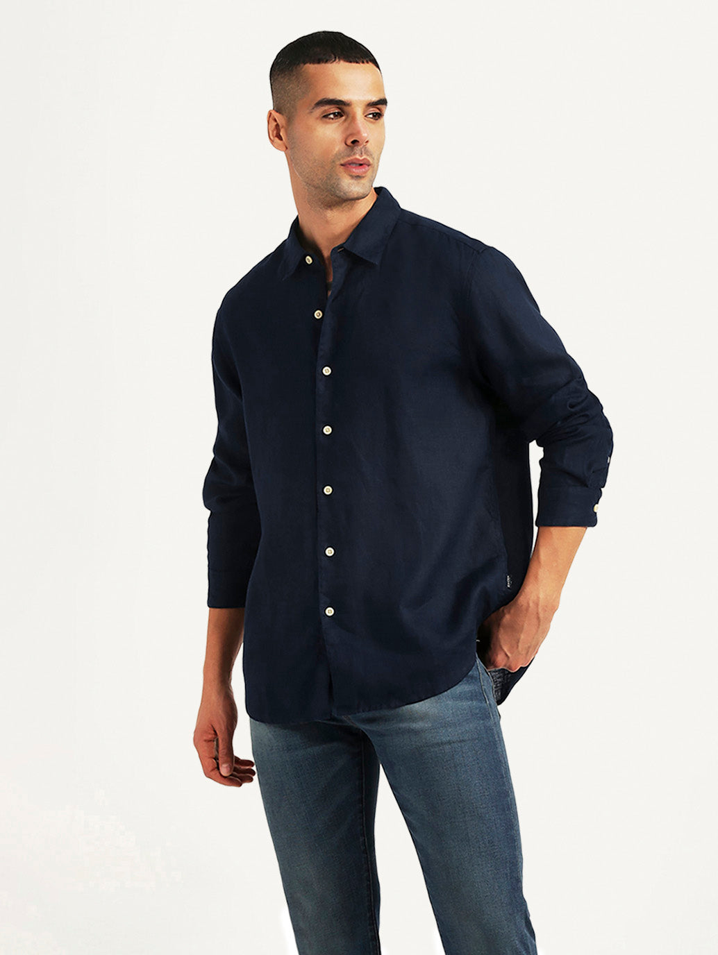Men's Solid Navy Slim Fit Shirt - Styleshot View