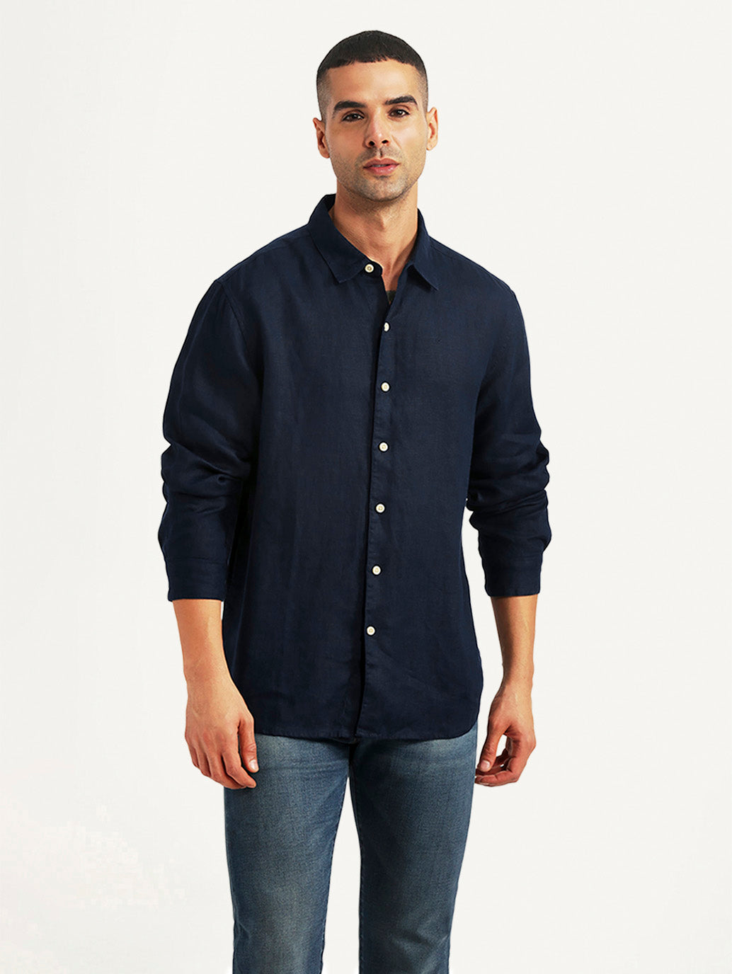 Men's Solid Navy Slim Fit Linen Shirt