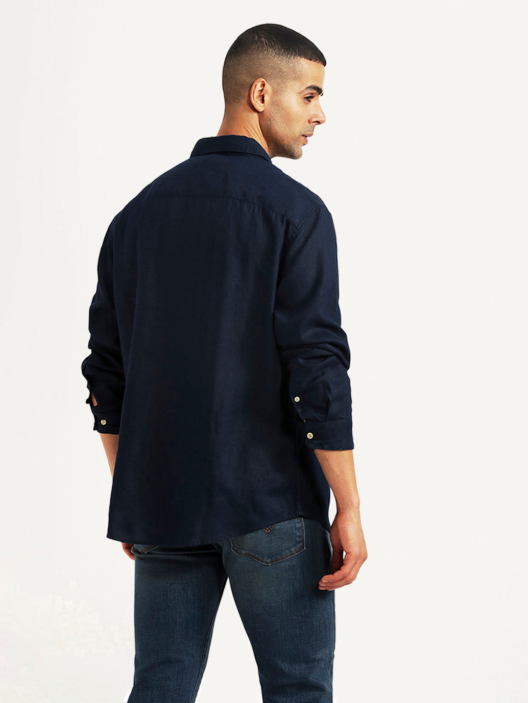 Men's Solid Navy Slim Fit Shirt - Back View