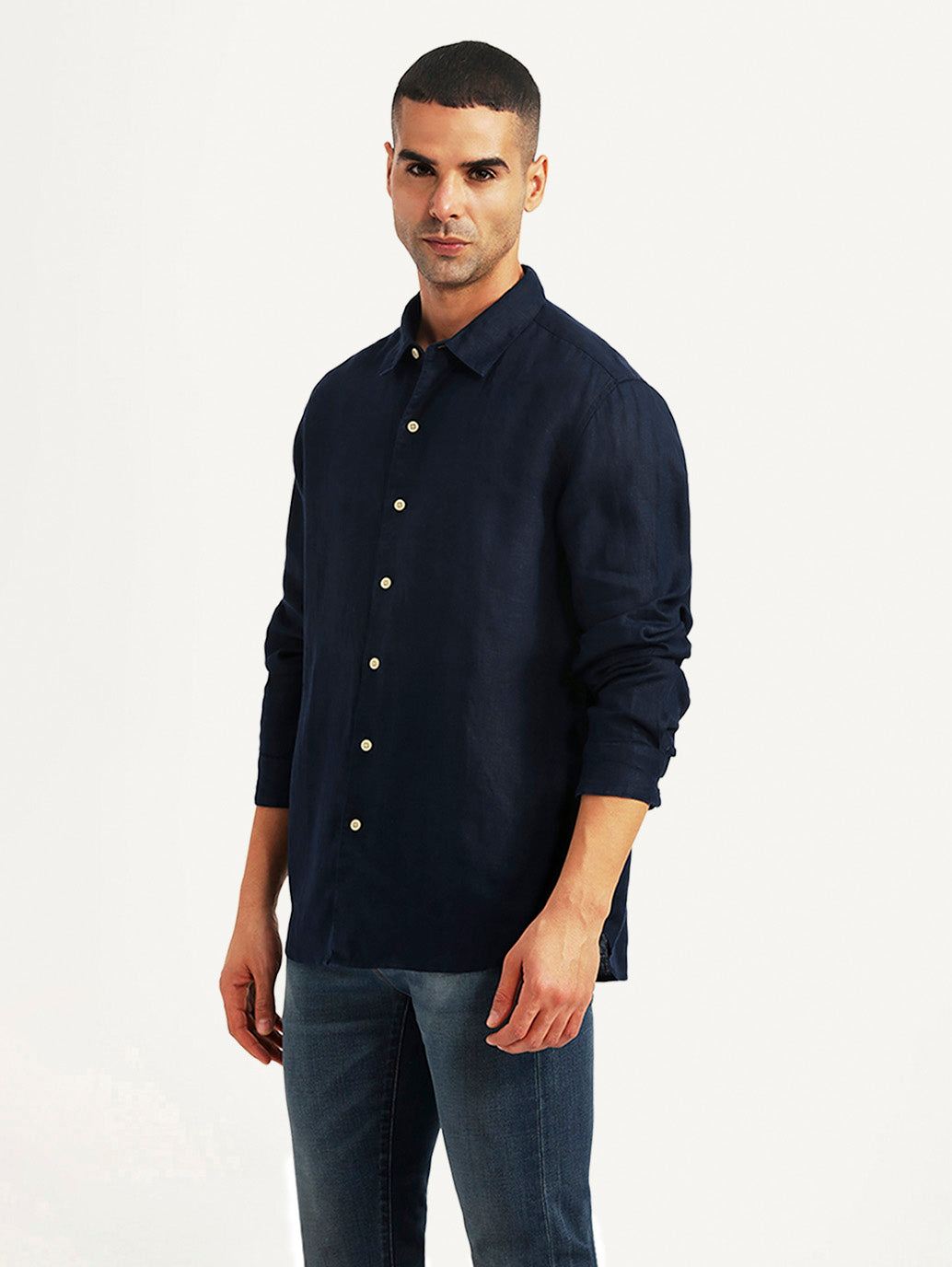 Men's Solid Navy Slim Fit Shirt - Side View