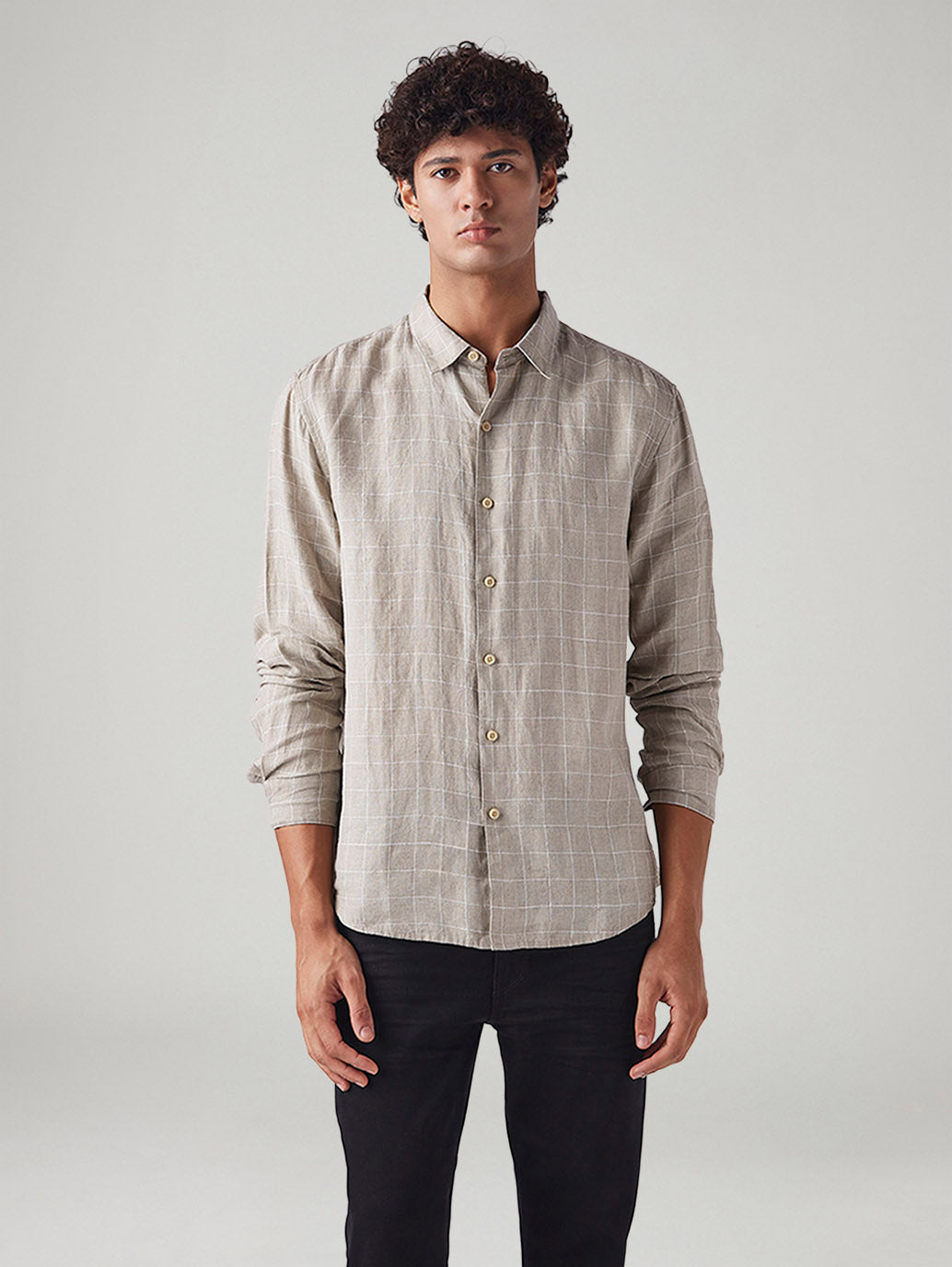 Men's Checkered Slim Fit Linen Shirt - Front View