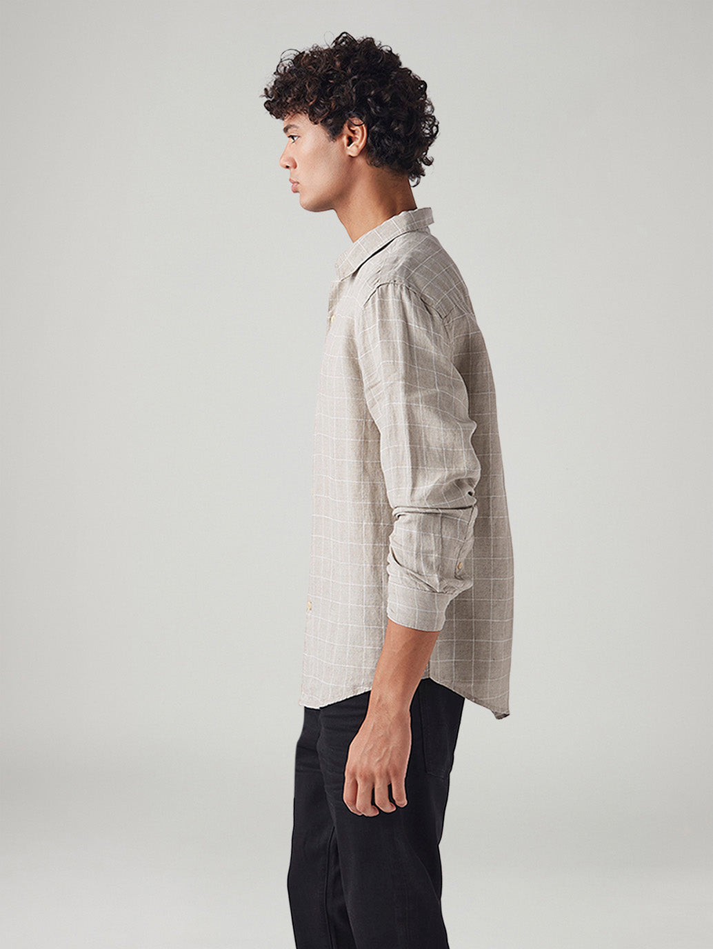 Men's Checkered Slim Fit Linen Shirt - Side View