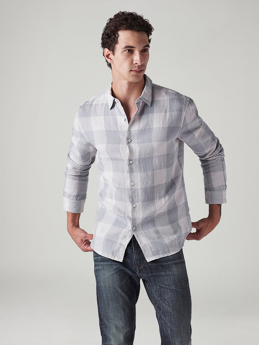 Men's Checkered Slim Fit Linen Shirt - Styleshot View