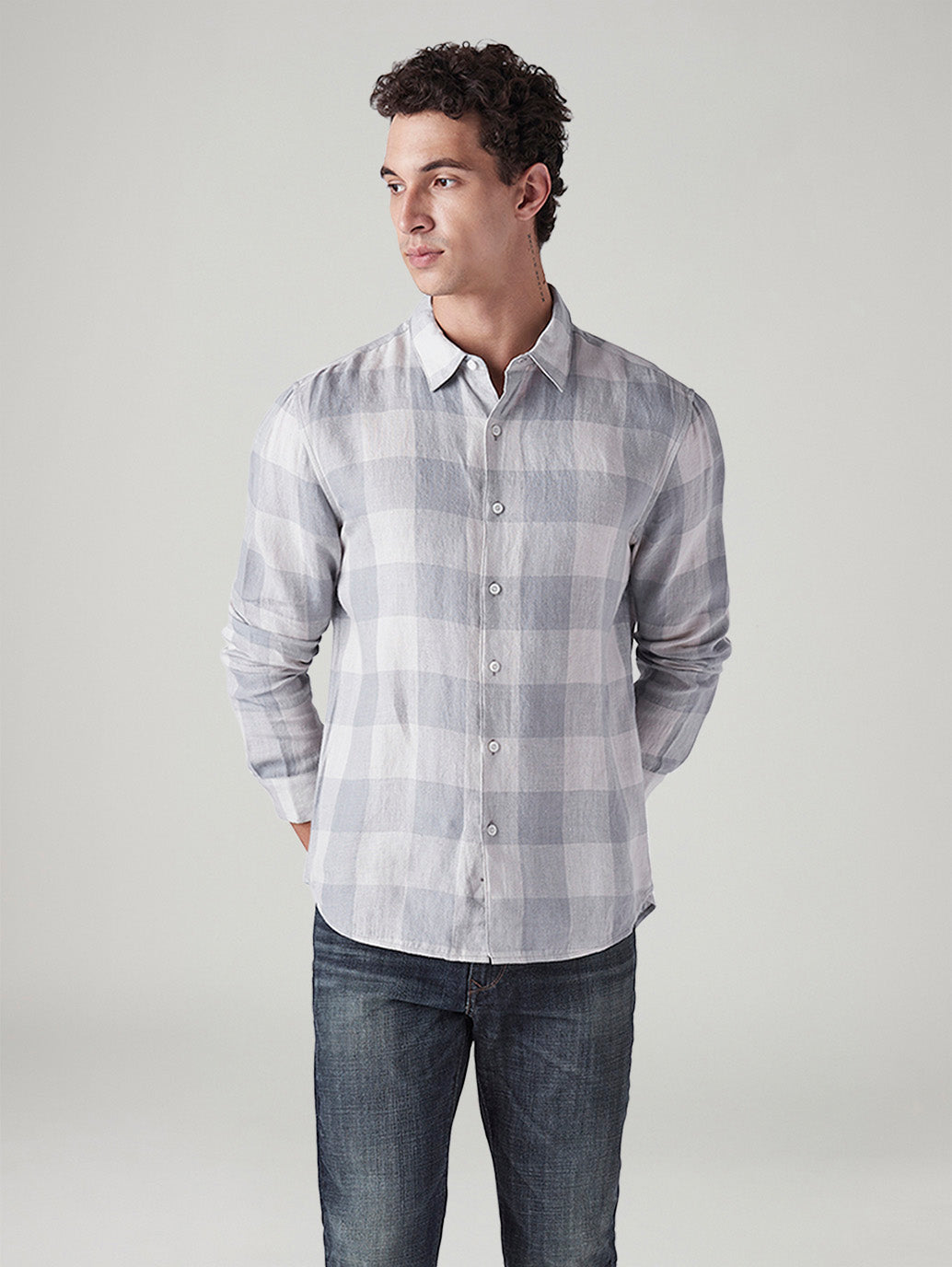 Men's Checkered Slim Fit Linen Shirt - Front View
