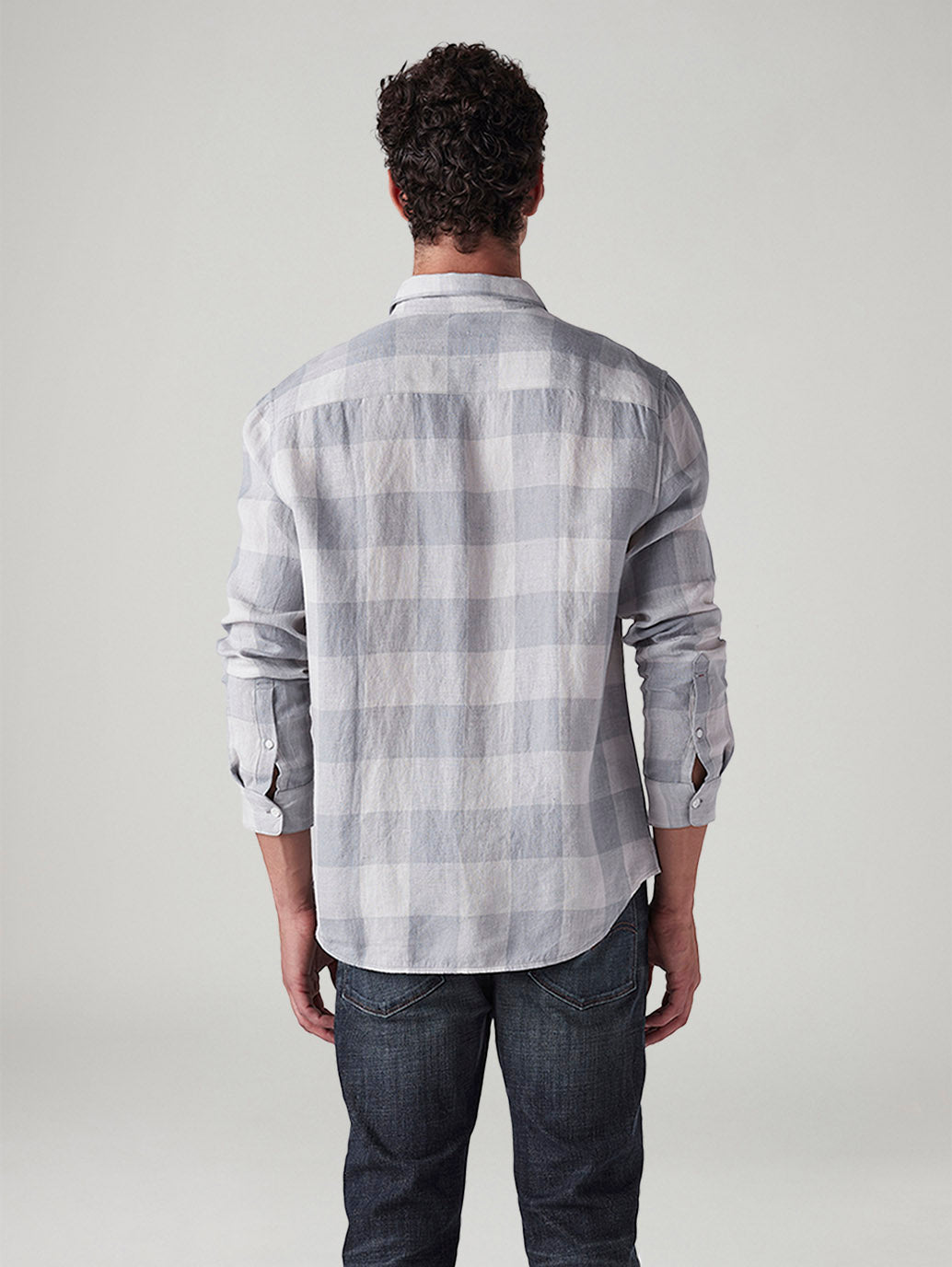 Men's Checkered Slim Fit Linen Shirt - Back View