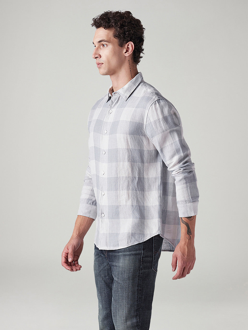 Men's Checkered Slim Fit Linen Shirt - Side View