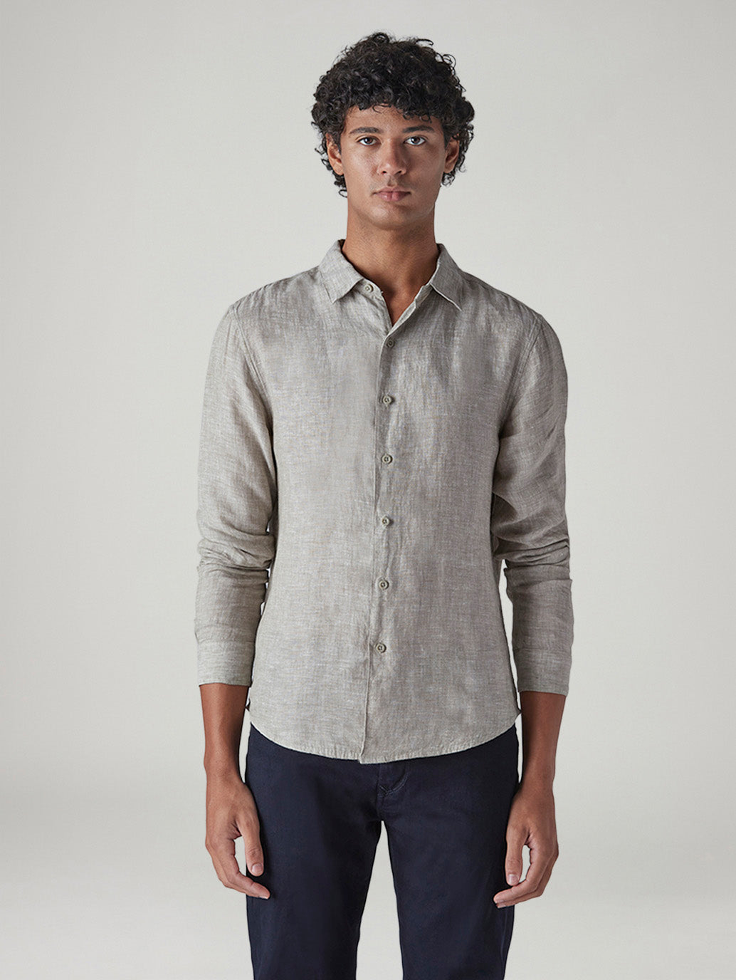 Men's Redloop Light Grey Solid Slim Fit Linen Shirt - Front View