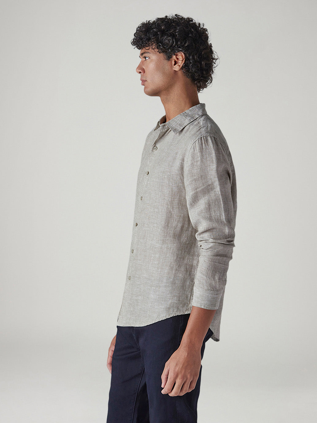 Men's Redloop Light Grey Solid Slim Fit Linen Shirt - Side View