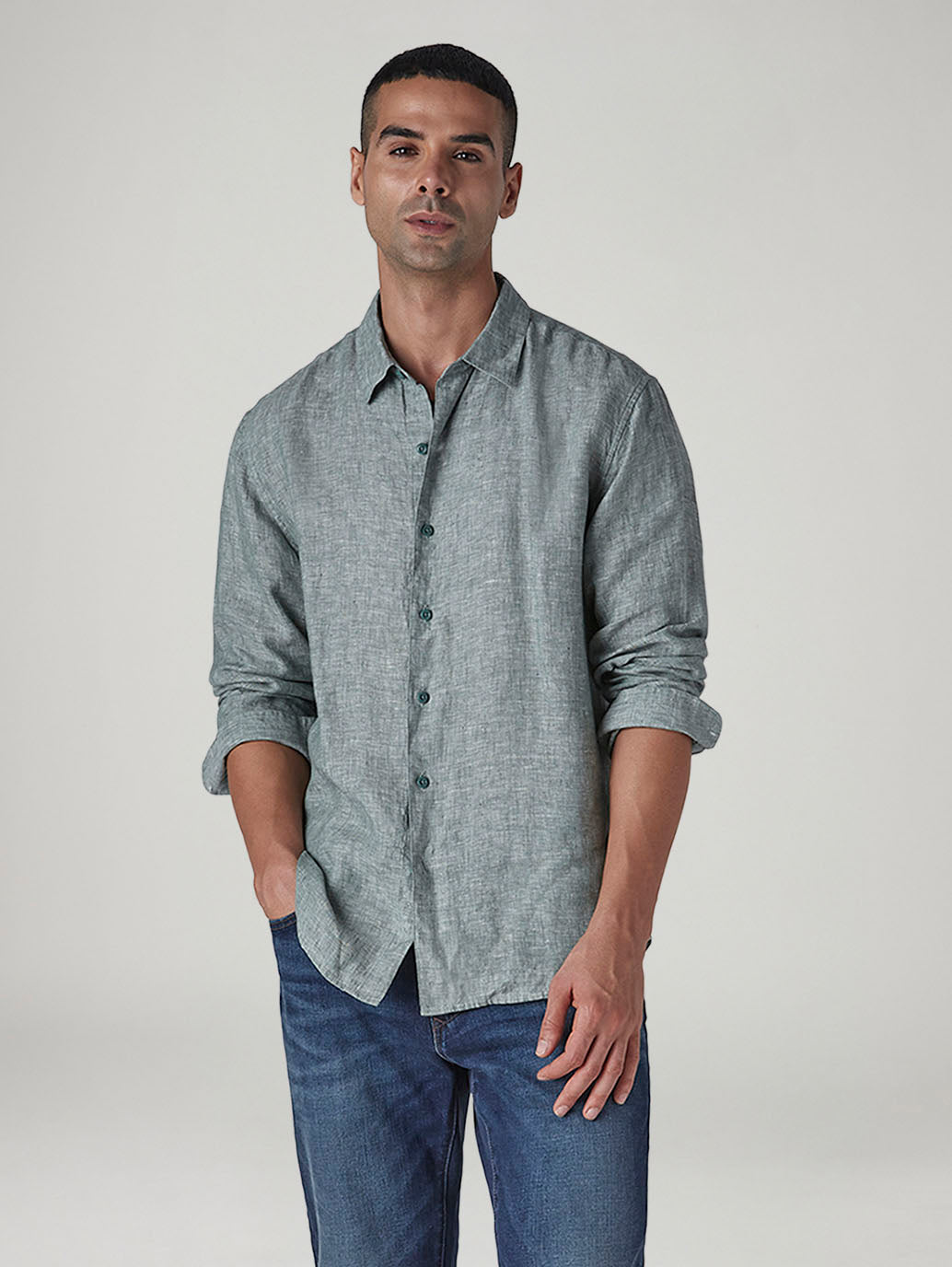 Men's Solid Slim Fit Linen Redloop Shirt - Styleshot View