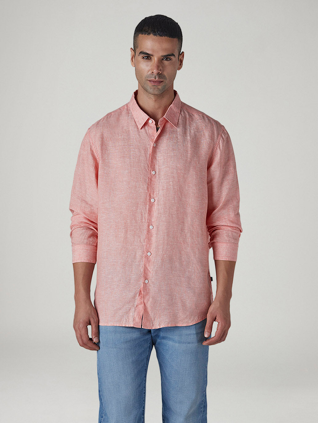 Men's Solid Slim Fit Linen Redloop Shirt - Front View