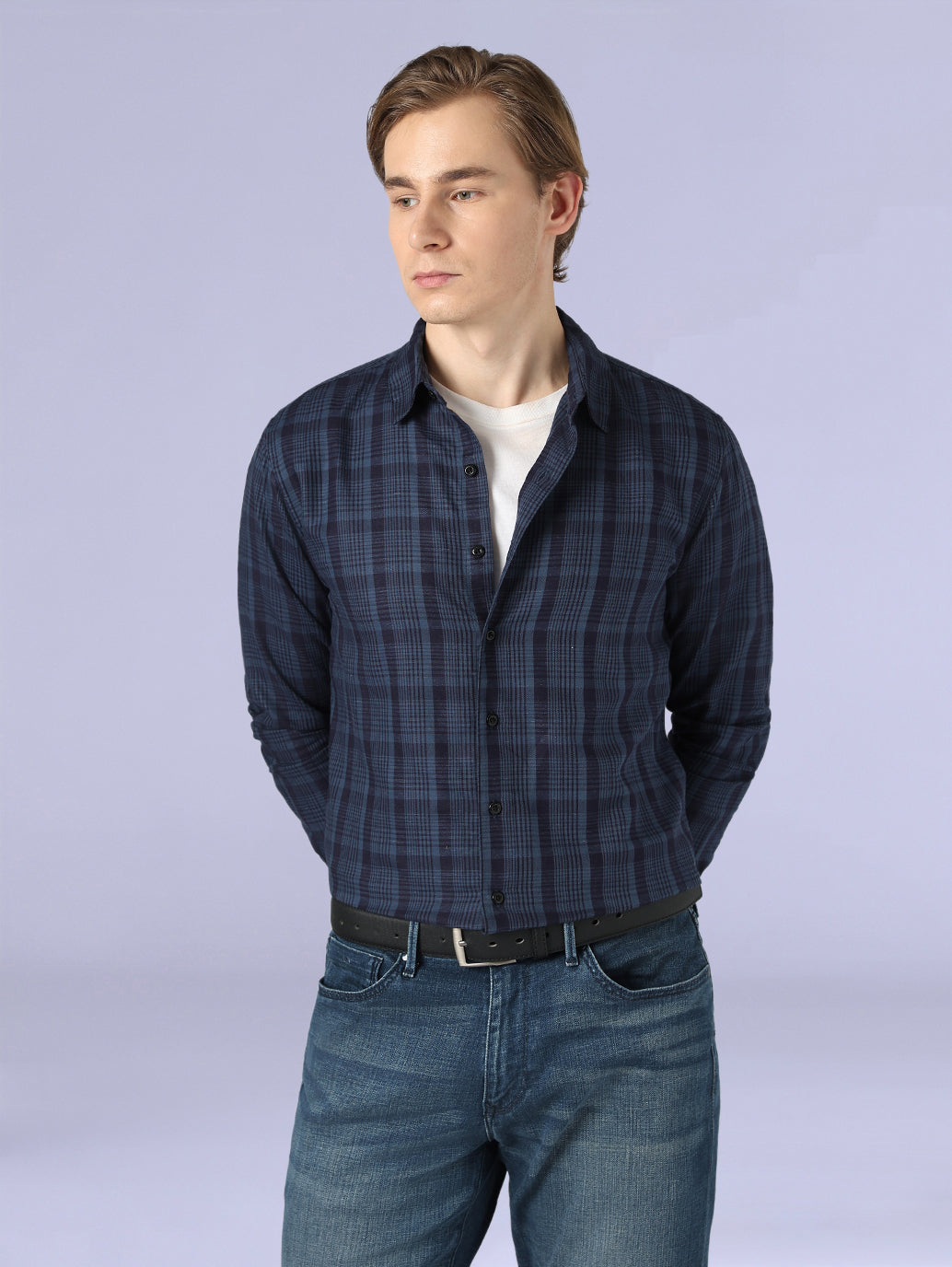Men's Checkered Slim Fit Redloop Linen Shirt - Styleshot View