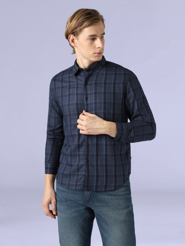 Men's Checkered Slim Fit Redloop Linen Shirt