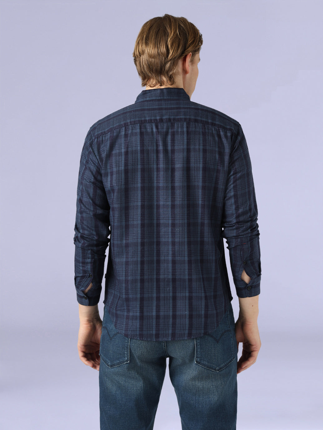 Men's Checkered Slim Fit Redloop Linen Shirt - Back View